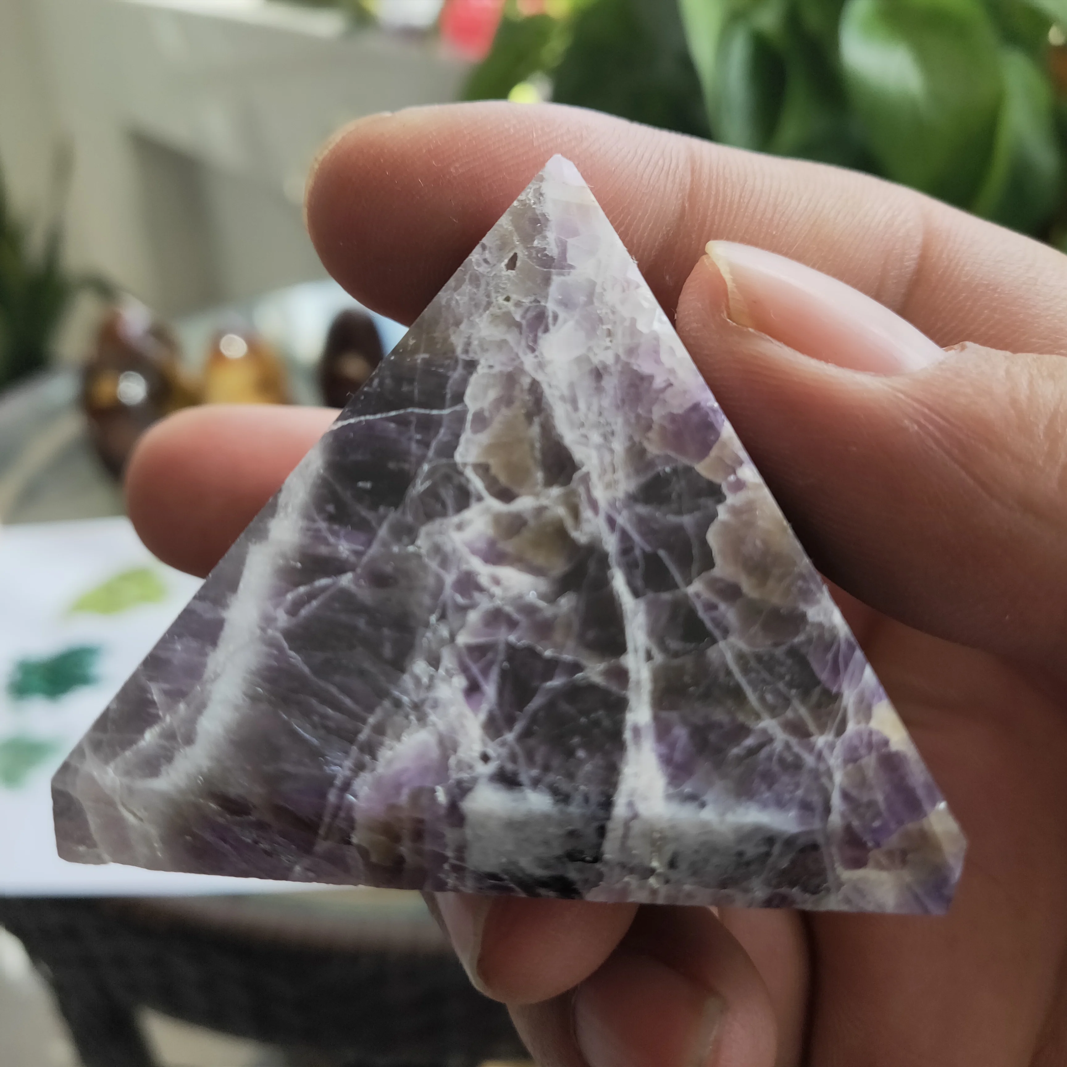 

120gNatural Fantasy amethyst crystal carved pyramid, beautiful arts and crafts home decoration
