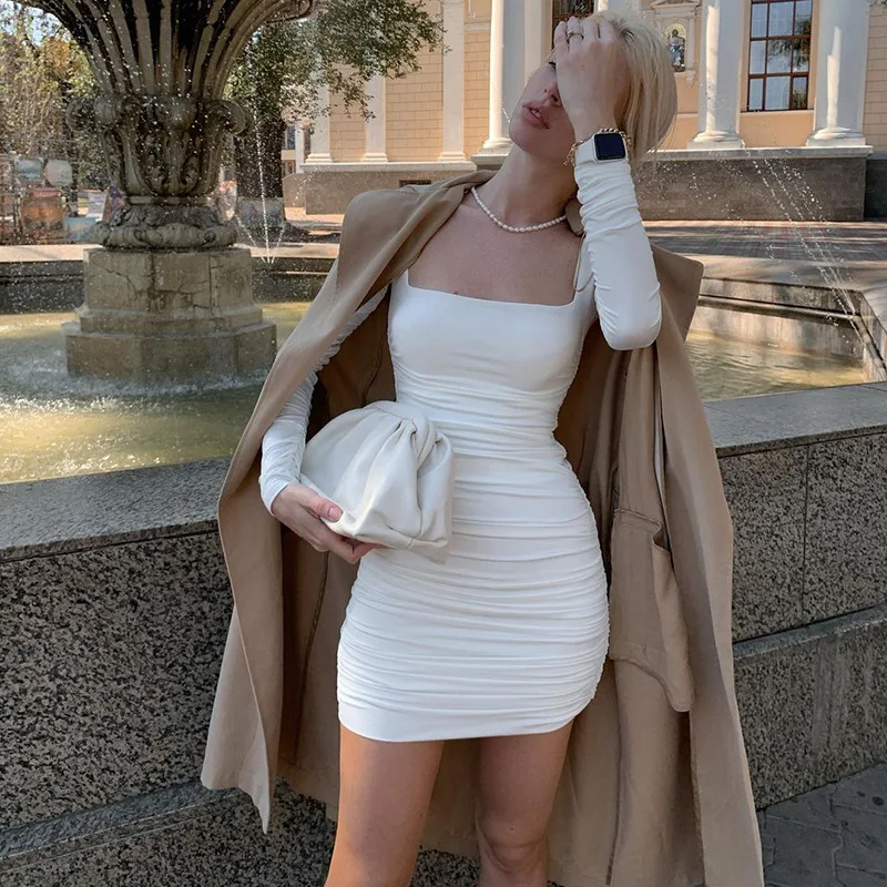 

Europe and The United States 2020 Autumn and Winter New Women's Square Neck Pleated Brushed Long-sleeved Dress Woman Dress