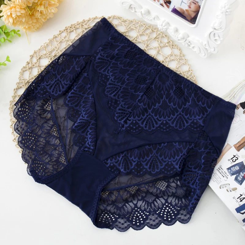 Navy Blue Большие размеры женские трусики с высокой талией сексуальные кружевные прозрачные трусики плюс размер Нижнее белье большой размер трусы женские 4XL - Цвет: Navy Blue