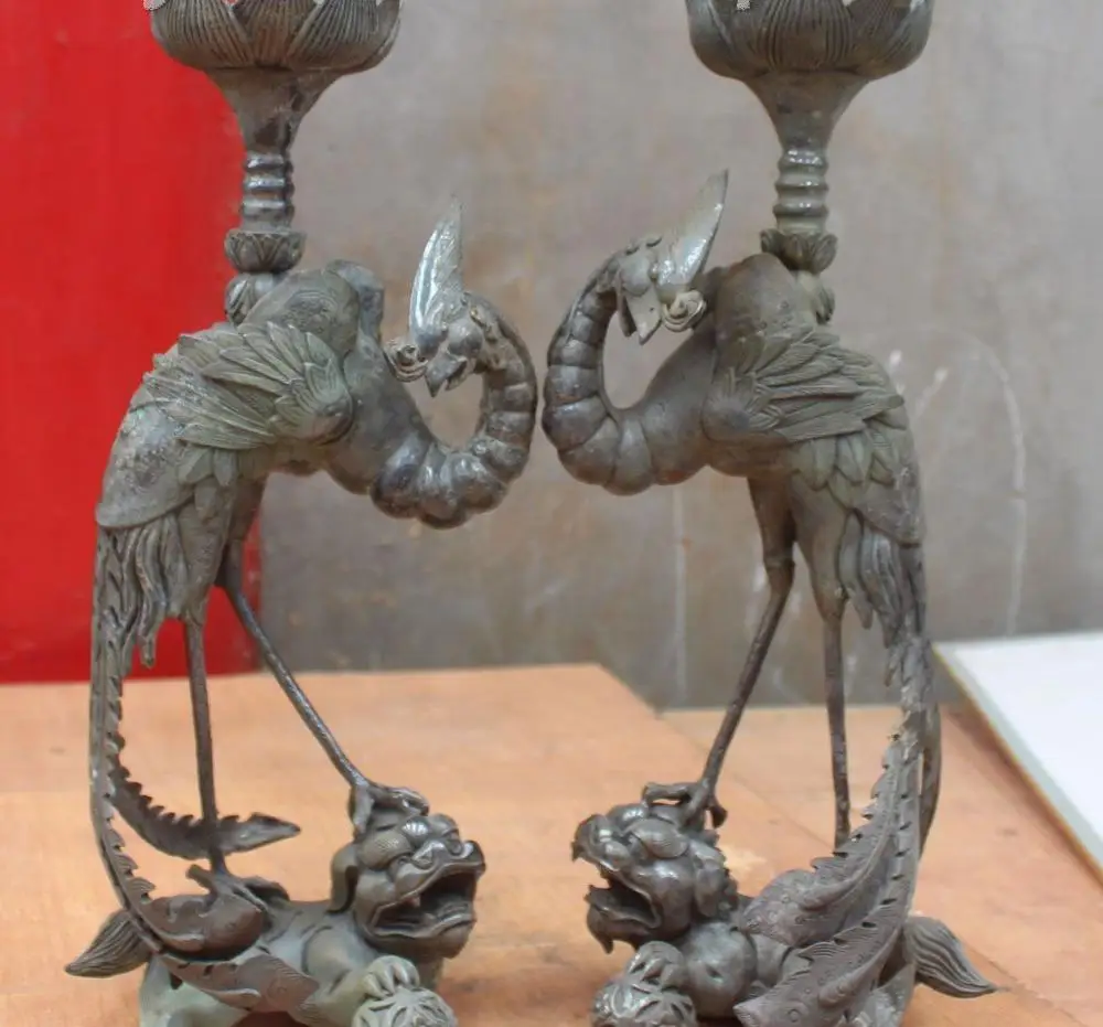 16 &quotБронзовый собака Фу Собака Лев Феникс кран подсвечник масляная лампа