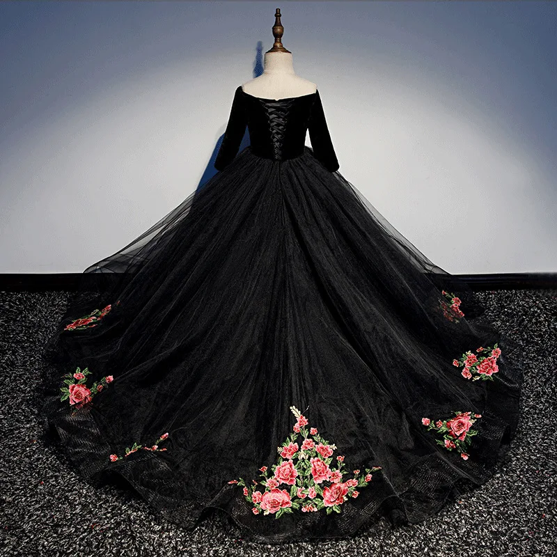 2022 New Kids Dresses Girl Elegant Long Prom Black Embroidery Tulle Gowns Children 8 Grade Graduation | Детская одежда и обувь