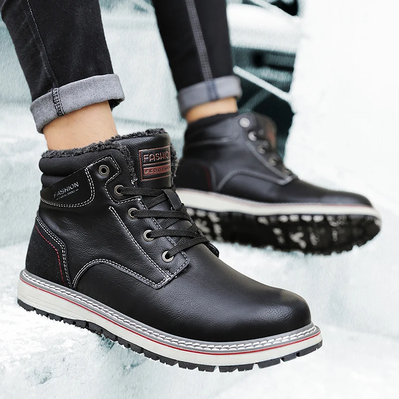 

2021 New Mens Business Warm Shoes for Men Winter Leather Ankle Boots Outdoor Round Toe Lace Up Fur Shoes Man Plus Size 46