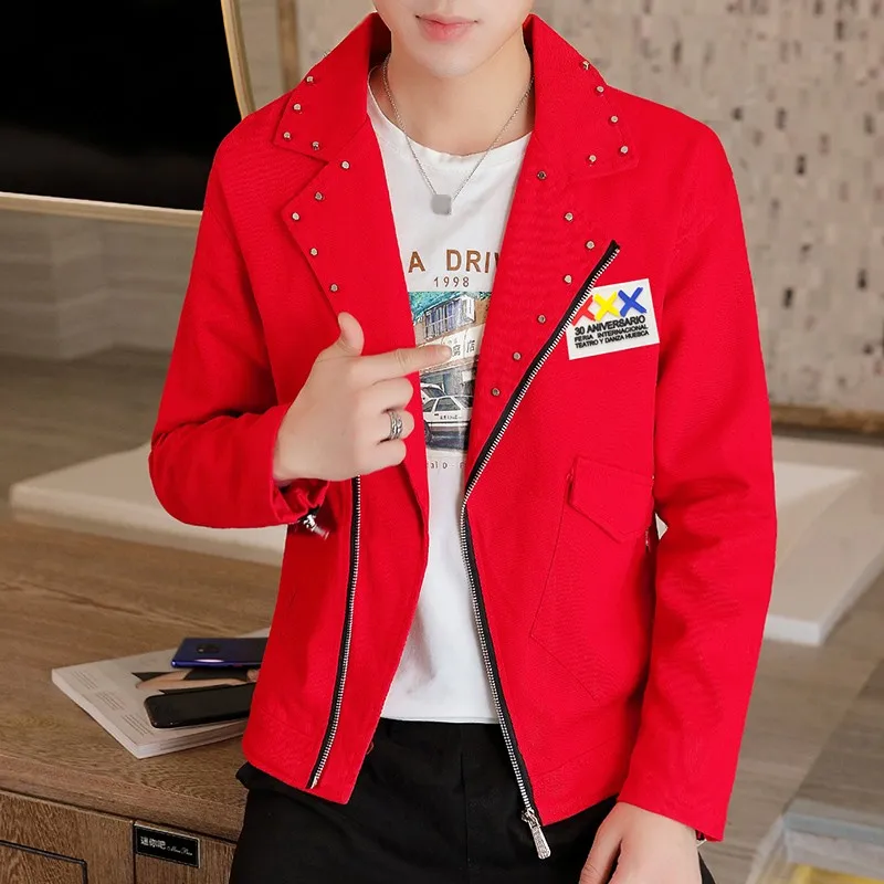 

Autumn Casual Jean Jacket Men High Street Slim Rivet Denim Coat Male Personality Printed Night Club Zip Cowboy Outerwear M-3XL
