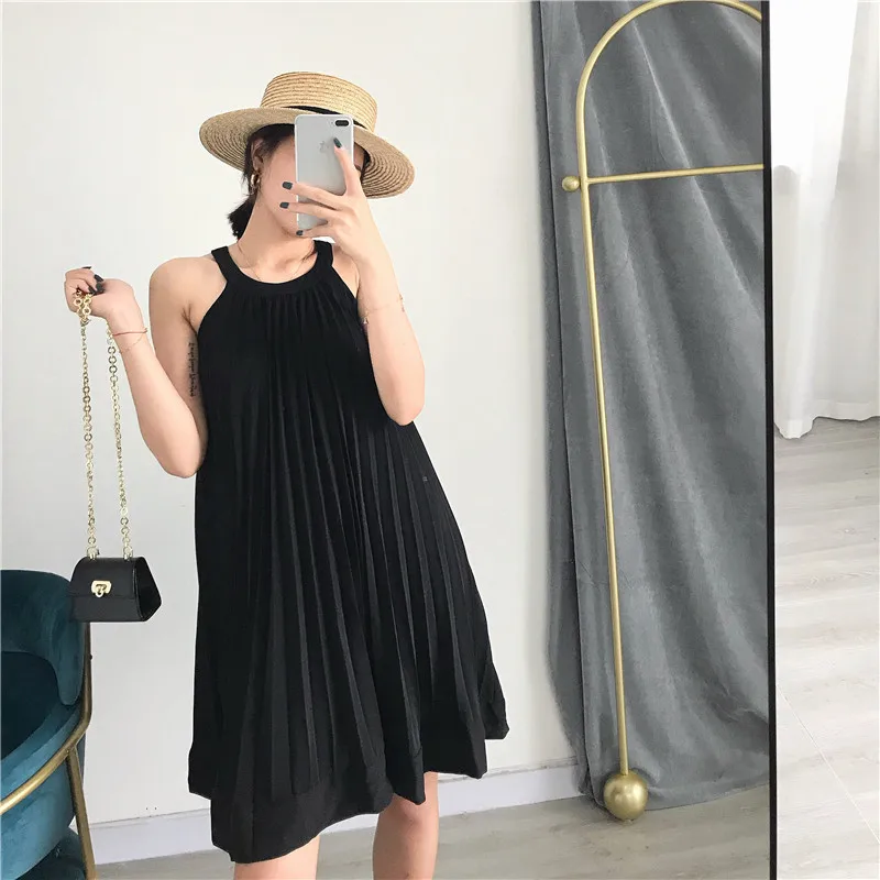 LANMREM однотонное Плиссированное женское платье без рукавов с висячим вырезом на