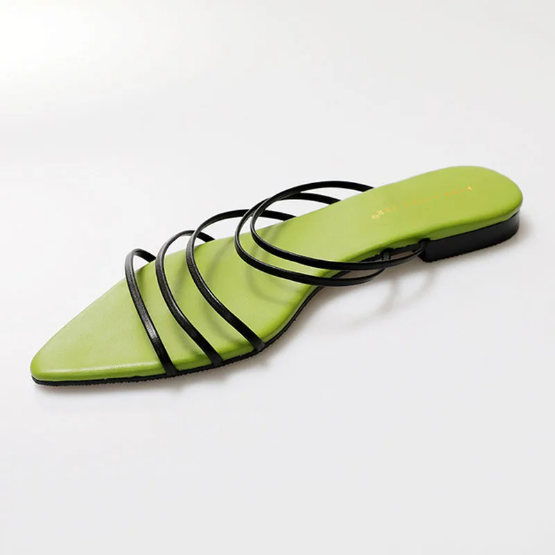 

2021 Summer Candy Color Flat Slippers Personality Pointed Strip Beach Slippers Comfortable Wild Refreshing Sandals