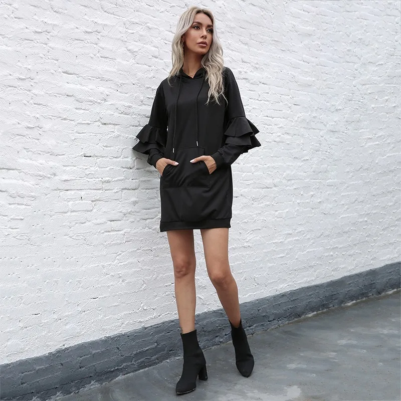 

Spring Women's Dress Black Hooded Ruffles Sleeve Cotton Mini Dresses Female Pocket Slim StreetWear Casual Dresses