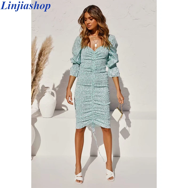 Linjiashop винтажное платье с квадратным вырезом и цветочным принтом для женщин 2019