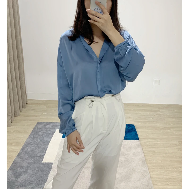 

100% Silk Office Ladies Blouse Loose Bat Sleeve Short Shirts Women Casual Blue Black casual Tops