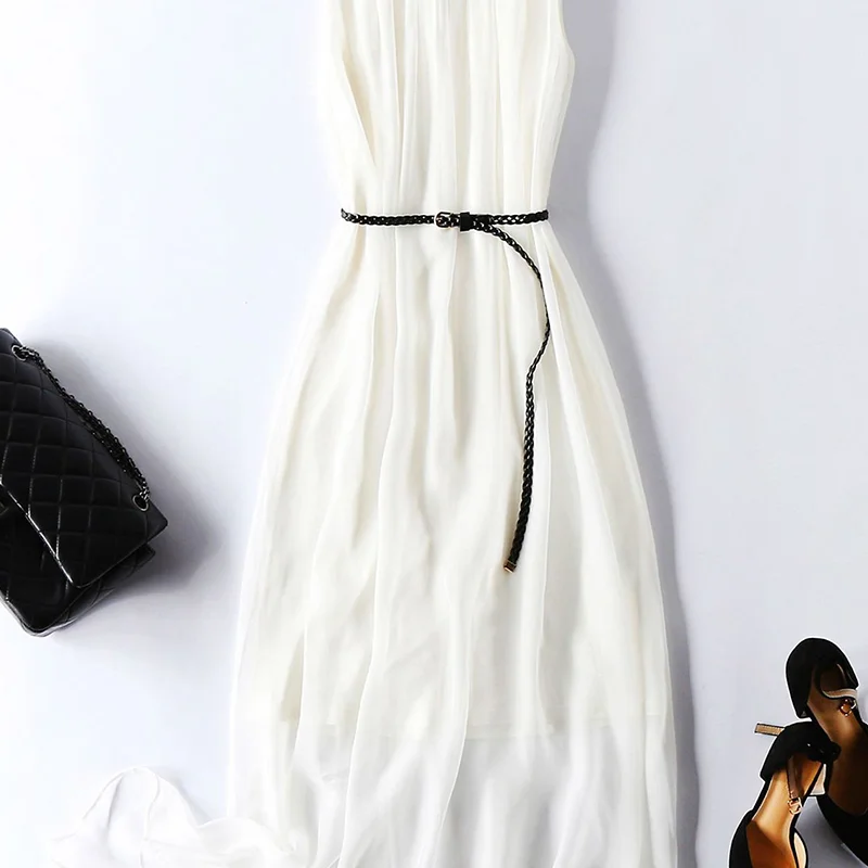 

2021 Women Spring Summer Casual Solid Silk Vestido Female Loose Lace Up O-neck Sleeveless Pleated Dress Lady Elegant Dresses K81