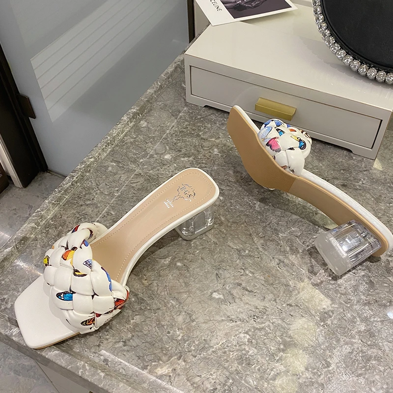 

2021 Summer New Sandals Women Pumps High Heels Slipper Transparent Heels Square Sandals Woman Slides Shoes Fashion Pumps Lady