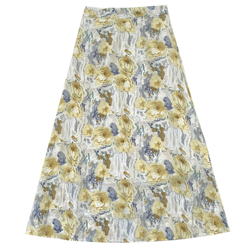 

2021 Summer Elegant Women Long Skirts Oil Painting Print High Waist Cover Buttocks Thin Simple Skirt