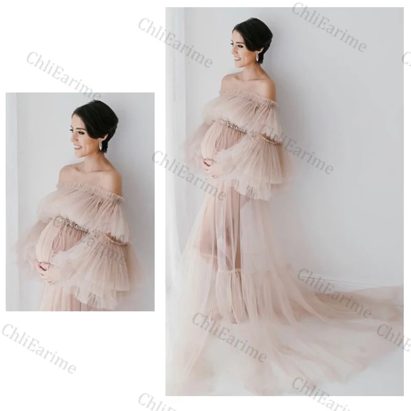 Elegant Bridal Tulle Maternity Dresses Robes for Photography Sheer Robe Puffy Sleeve Fluffy Tulle Maternity Dressing Gowns