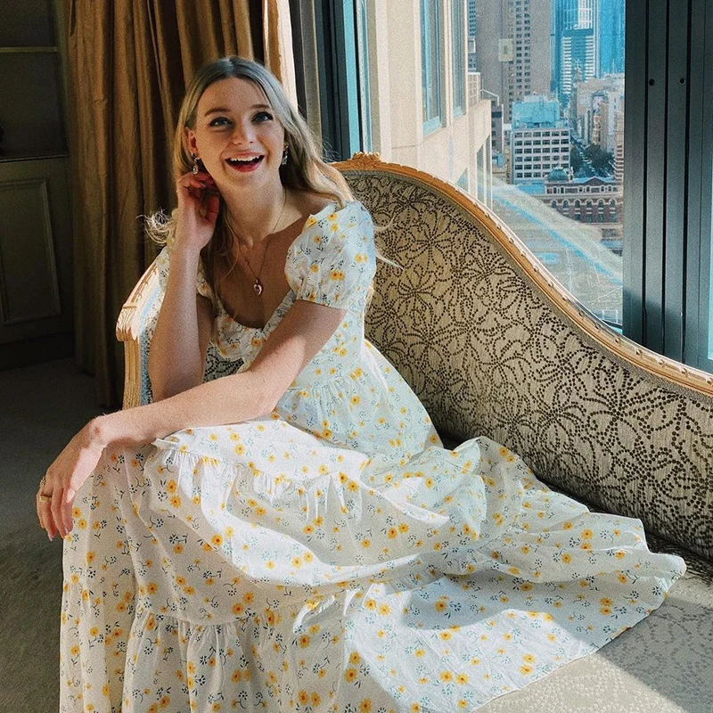 

Waatfaak White Chic High Waist Floral Dress Women Summer Vacation A Line Bandage Long Dress Elegant Vintage Boho Dresses Beach