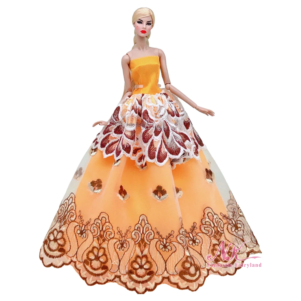 

NK1 Pcs Fashion Doll Wedding Dress Yellow Lace Outfits For Barbie Doll Clothes For 1/6 BJD Dolls Accessories Kids Toys