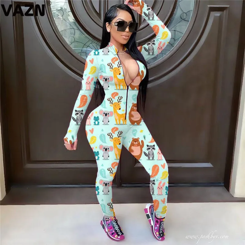 Женский комбинезон с длинным рукавом VAZN элегантный v образным вырезом и принтом