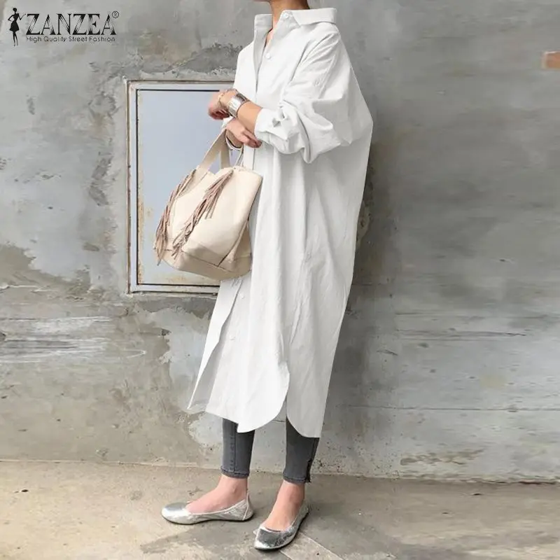 

ZANZEA Women Autumn Casual Work Dresses Faldas Larga 2022 Sundress Elegant Long Shirt Dress Lapel Neck Long Sleeve Solid Vestido