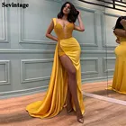 Sevintage Желтый атласное вечернее платье русалки с блестками Длинные вечерние платья с высоким разрезом торжественное платье для выпускного вечера 2021 размера плюс