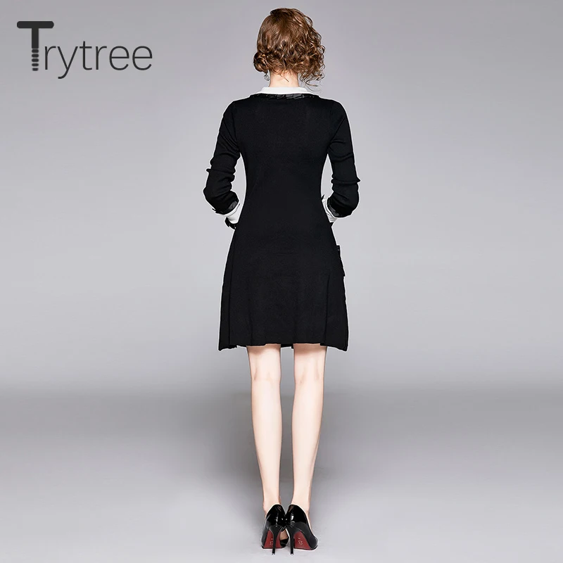 Trytree Autumn Winter Women Dress Casual Peter pan Collar Bow Embroidery Pocket Shirt Dresses Knitting Black Straight Mini Dress