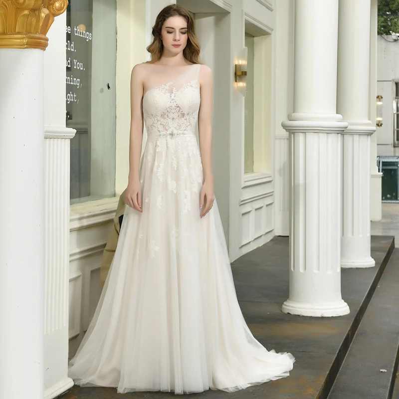 

Vestidos De Novia 2020 New Sexy One Shoulder Boho Wedding Dress Elegant Princess Lace Bridal Dress A-Line Illusion Wedding Gown