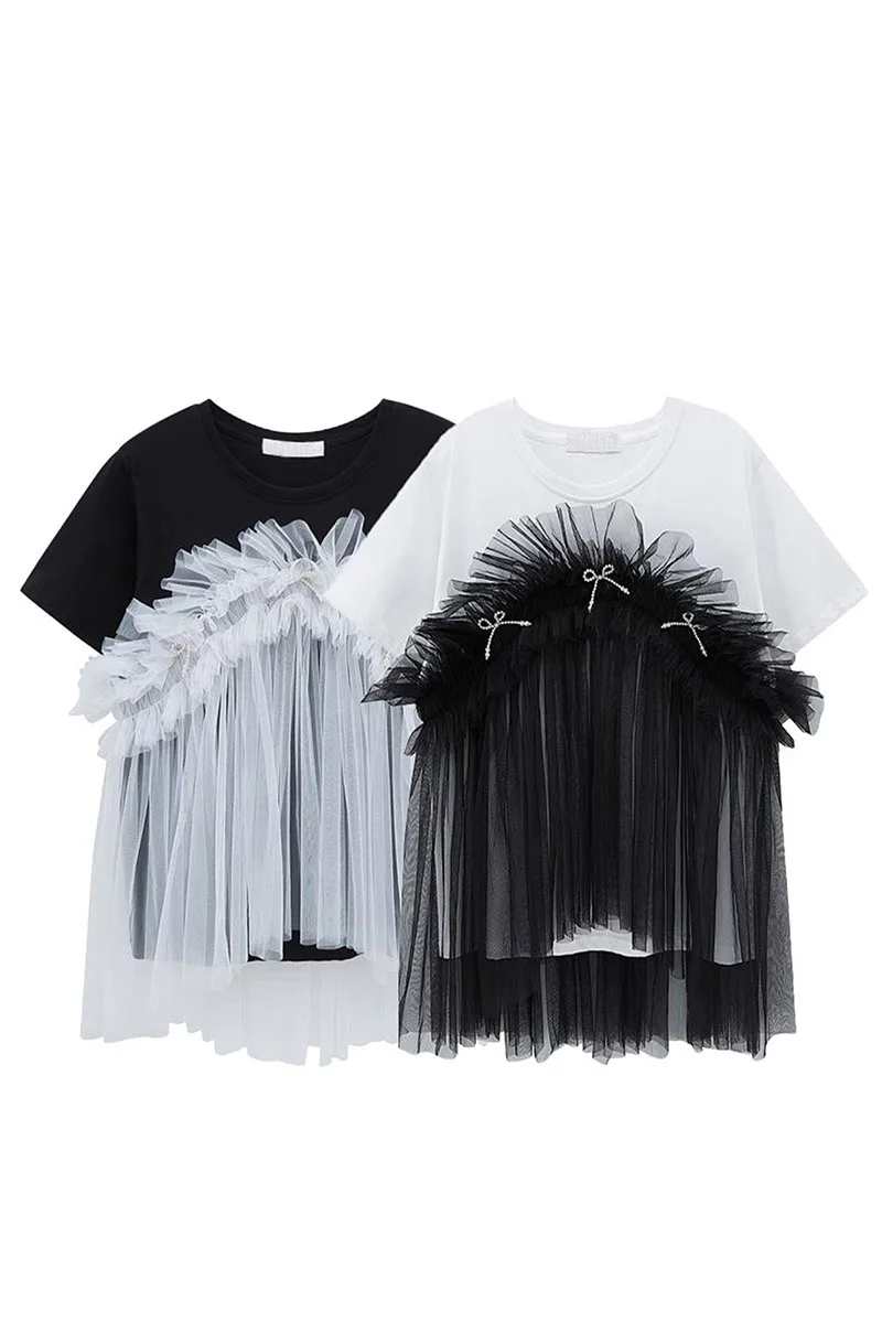 

2021 Spring Summer New Fashion Black and White Lace Patchwork Bow O Neck Casual Woman Tshirts