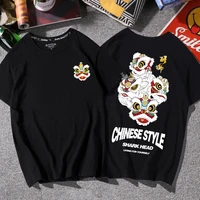 harajuku lion head dance print men tshirt chinese punk style cotton brief clothes oversized youth all match hip hop streetwear