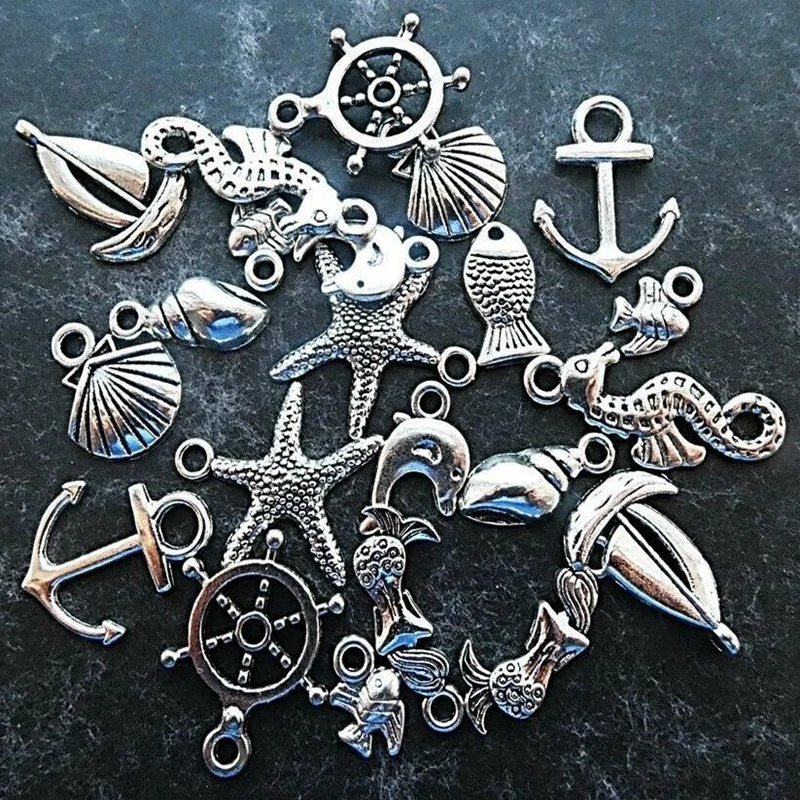 

Vintage Silver Mixed Sea Theme Metal Charms Boat Fish Shell Starfish Pendants For Bracelet Gift Earring Necklace Jewelry 10Pcs