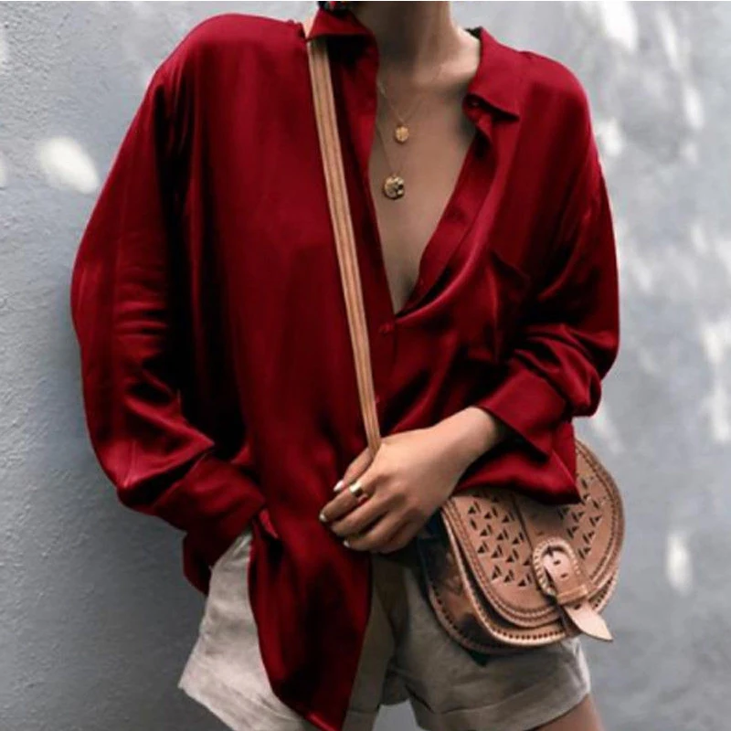 

Meihuida Ladies Fashion Sexy Long Sleeve V-Neck Satin Blouse Tops Casual Office Elegant Loose Soft Shirt Street Club Wear