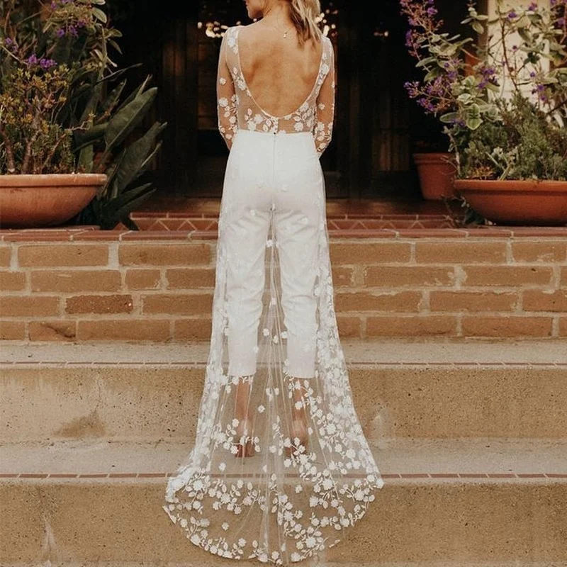 Autumn New Fashion Women's Sexy See-through Long-sleeved Lace Jumpsuit Windbreaker Jumpsuit Trousers One Piece Outfit Jumpsuit