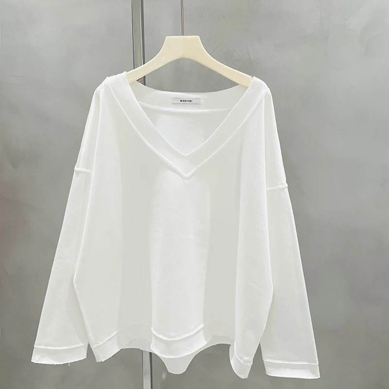 

New Spring 2021 V-neck Solid Color Long Sleeve Loose Long Pullover Hoodies Female Students Cotton Sweatshirt Tops