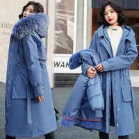 fur collar long hooded parka 2021 new winter jacket women big pocket adjustable waist cotton liner coat three ways to wear