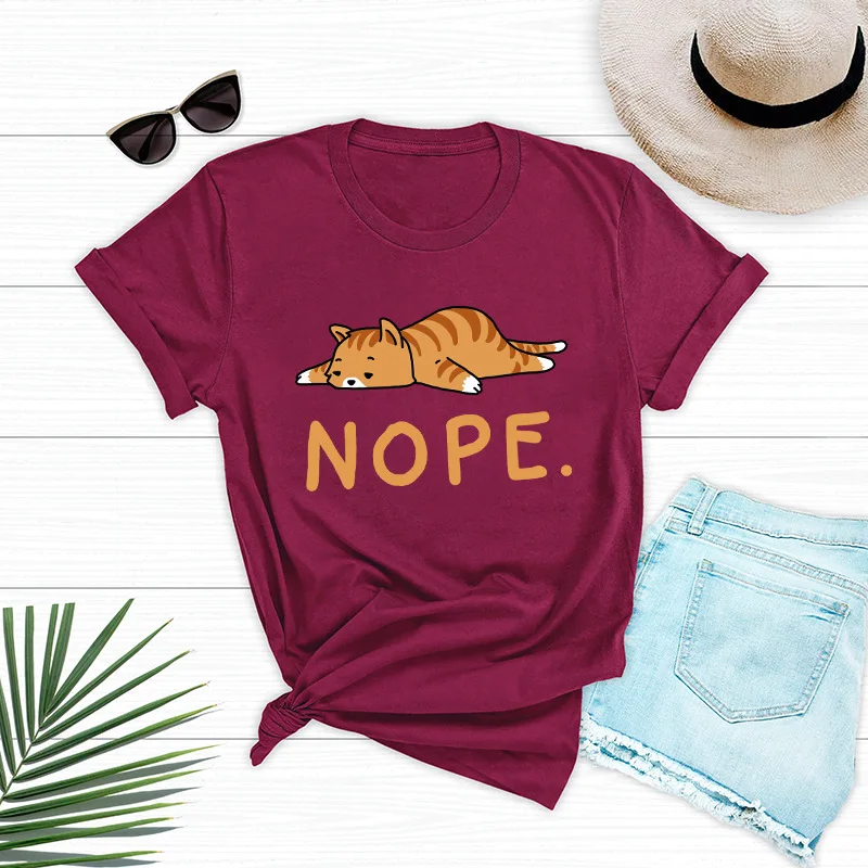 

Nope Cat Funny Graphic T Shirts for Women Cotton Short Sleeve Tee Female Shirt Tops Summer Casual Print Shirts Clothes Gifts
