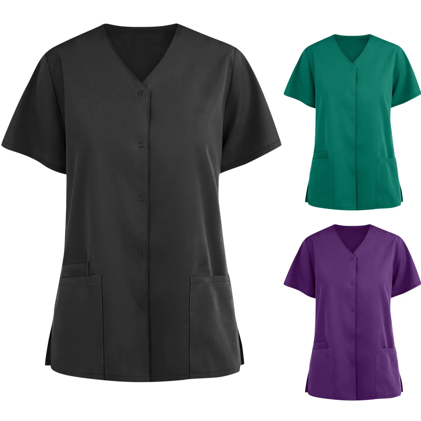 

Женская медицинская одежда, футболка с коротким рукавом и V-образным вырезом, с карманами для работников, пикантная летняя однотонная унифо...