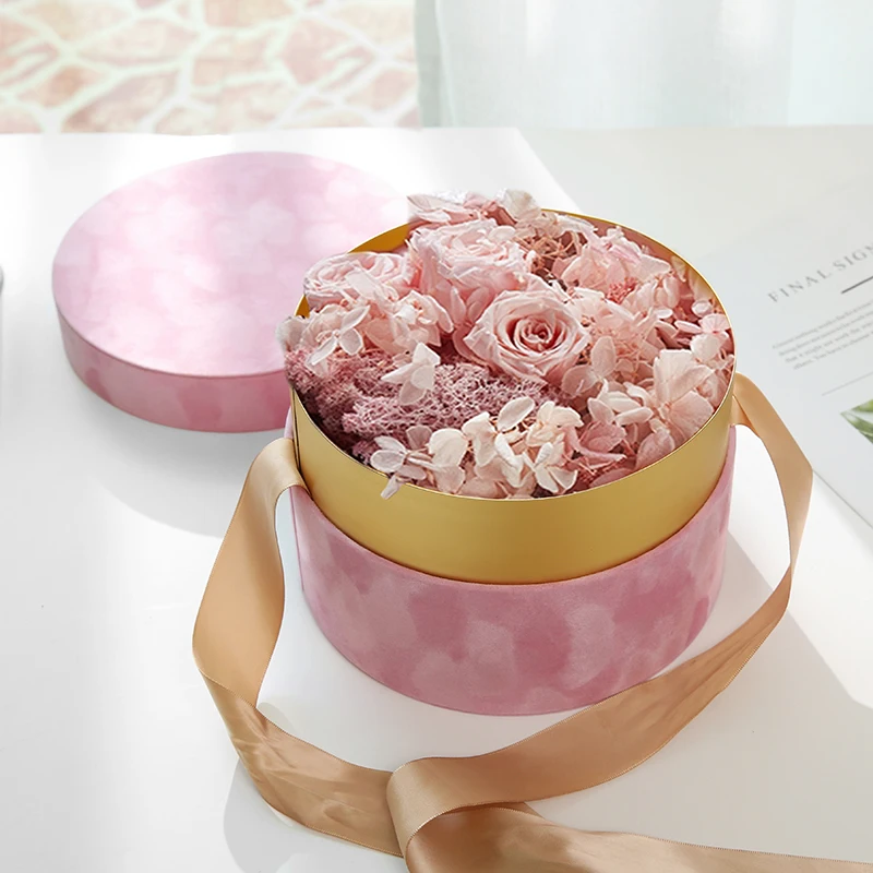 Round Velvet Flower Hat Box with Bowknot and Lid Luxury Gift Boxes Rose Bouquet Arrangement Gift Surprise Box Floristry DIY
