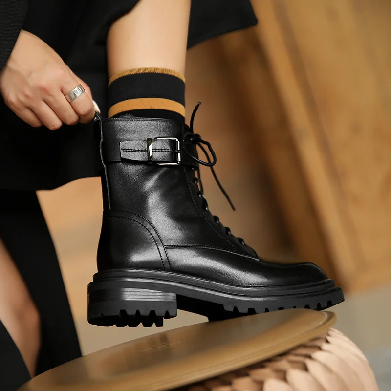 Online Sepatu Bot Martin Kulit Sapi Asli Sepatu Bot Tunggal Platform Berenda Wanita Sepatu Bot Pergelangan Kaki Gaya Inggris Musim Gugur 2020