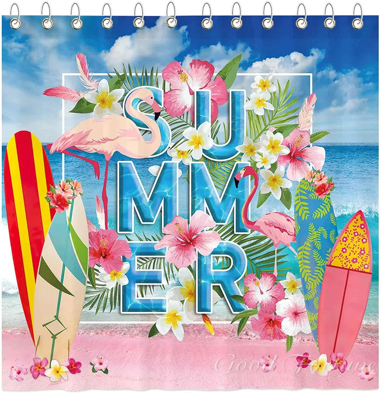 

Funnytree Summer Tropical Beach Shower Curtain Flamingo Seaside Palm Sea Surfing Board Bath Bathroom Decor