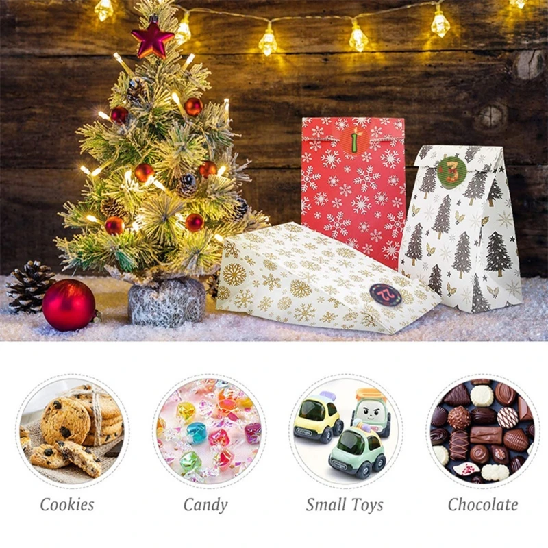 

M17D Christmas Advent Calendar Bags 24 Days Xmas Countdown Decorations DIY Hanging Candy Gift Bag with Stickers
