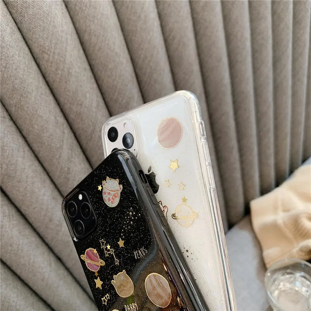 Glitter Galaxy Space Earth Lucky Cat Phone Case for iphone 11 Pro XS MAX XR X 10 7 8 6s 6 Plus Transparent Soft Back Cover Coque | Мобильные