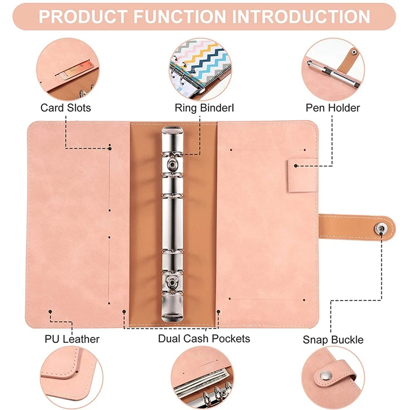 

A6 PU Leather Notebook Binder ,6 Rings Binder Cover, 12 Pieces Budget Envelopes System, Expense Budget Sheets