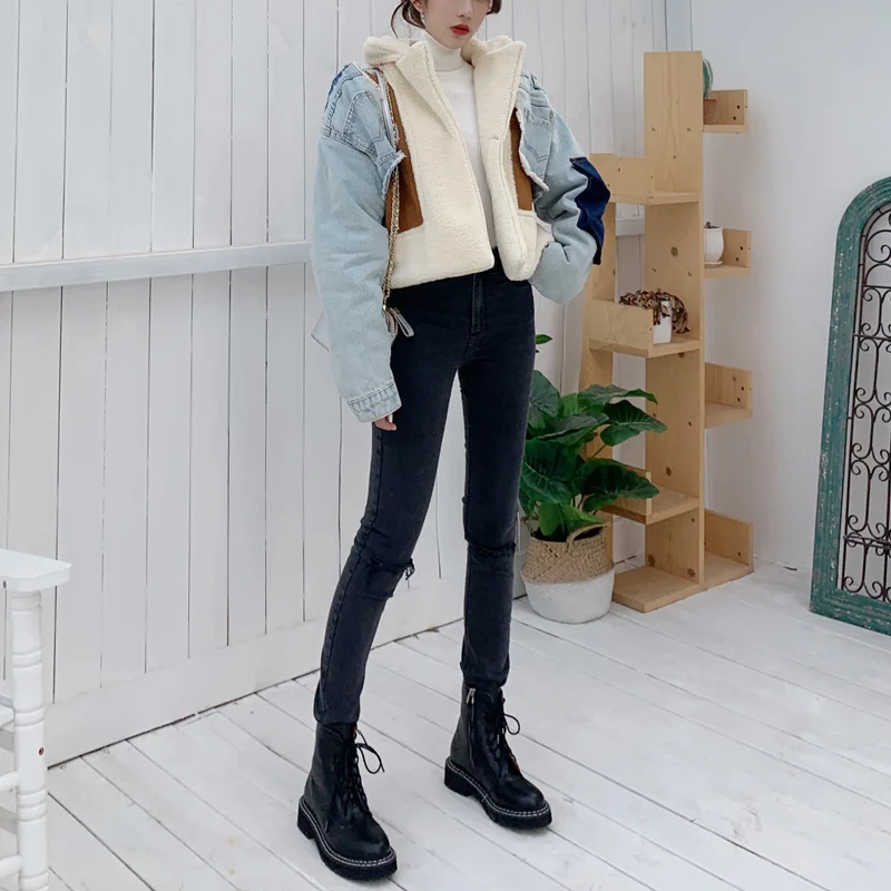 PERHAPS U Women Faux Fur Denim Patchwork Coat Outwear Warm Thick Turn Down Collar Pocket Chic C0410