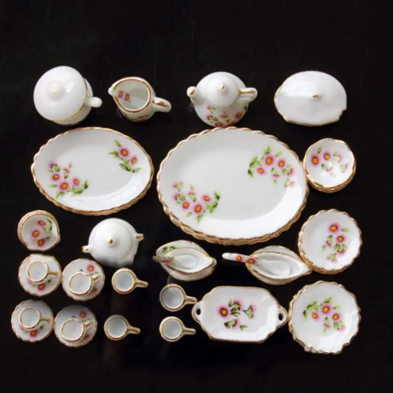 

50 Pcs 1:12 Dollhouse Miniature Ceramic Tea Sets Mini Pink Daisies Pattern Tableware Simulation Porcelain Tea Cups Kitchen