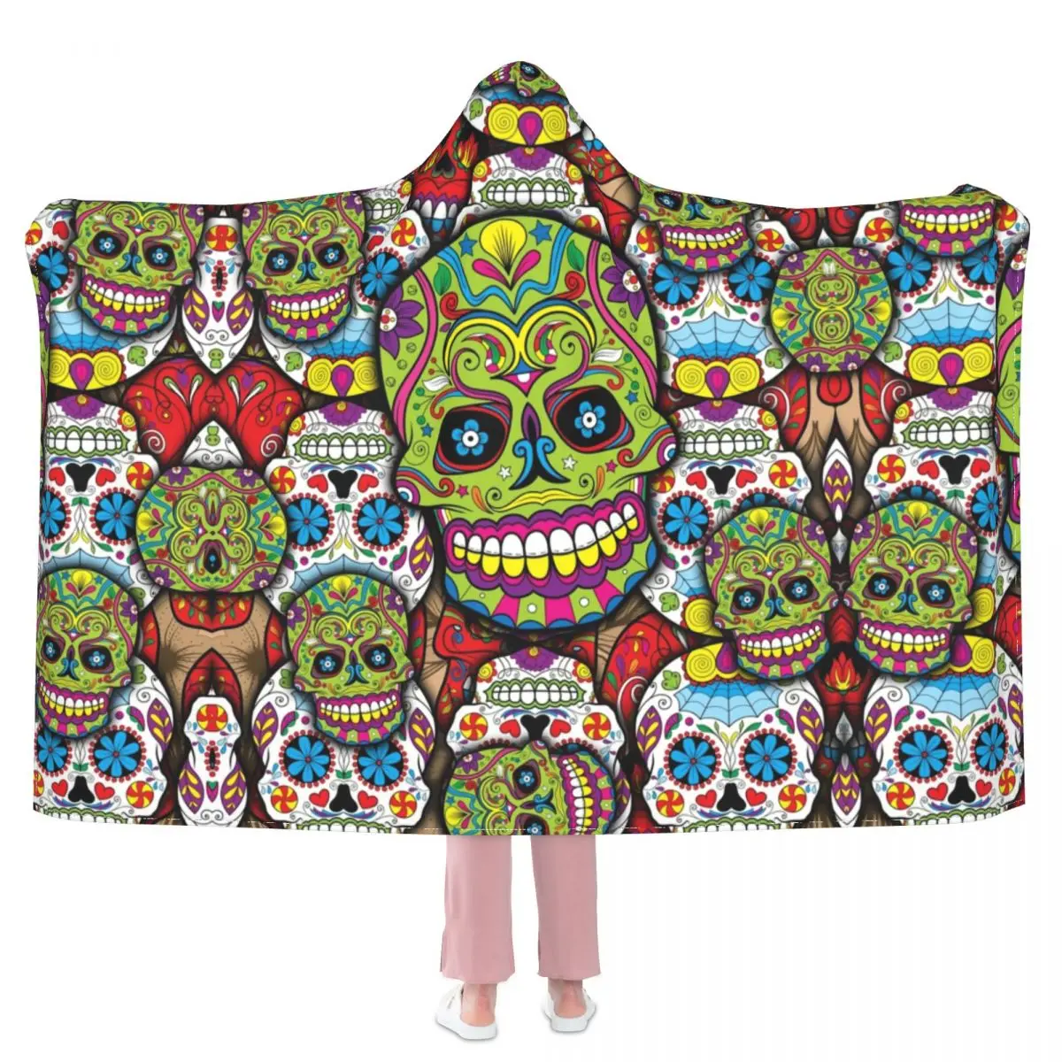 

Sugar Skulls Day Of The Dead Green Blanket Mexican Skull Head Fashion Cute Hooded Bedspread Fleece Travel Super Soft Blanket