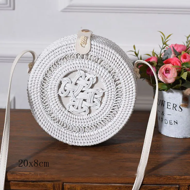 white F 20X8cm Солнечный пляж, ручные тканые сумки, круглая сумка с пряжкой, Ротанговые соломенные сумки, ранец, богемная пляжная круглая сумка - Цвет: white F 20X8cm