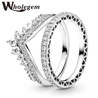 wholegem fashion princess crown engagement rings set wishbone hollow love heart sparkling zircon wedding band women jewelry