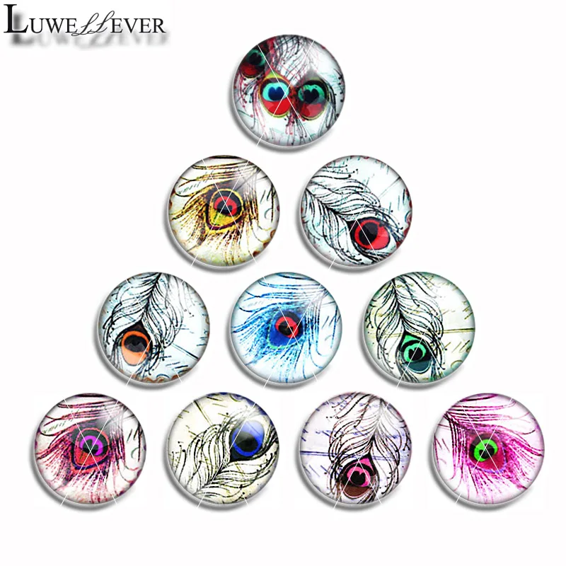 

10mm 12mm 14mm 16mm 20mm 25mm 469 Peacock Feather Mix Round Glass Cabochon Jewelry Finding 18mm Snap Button Charm Bracelet