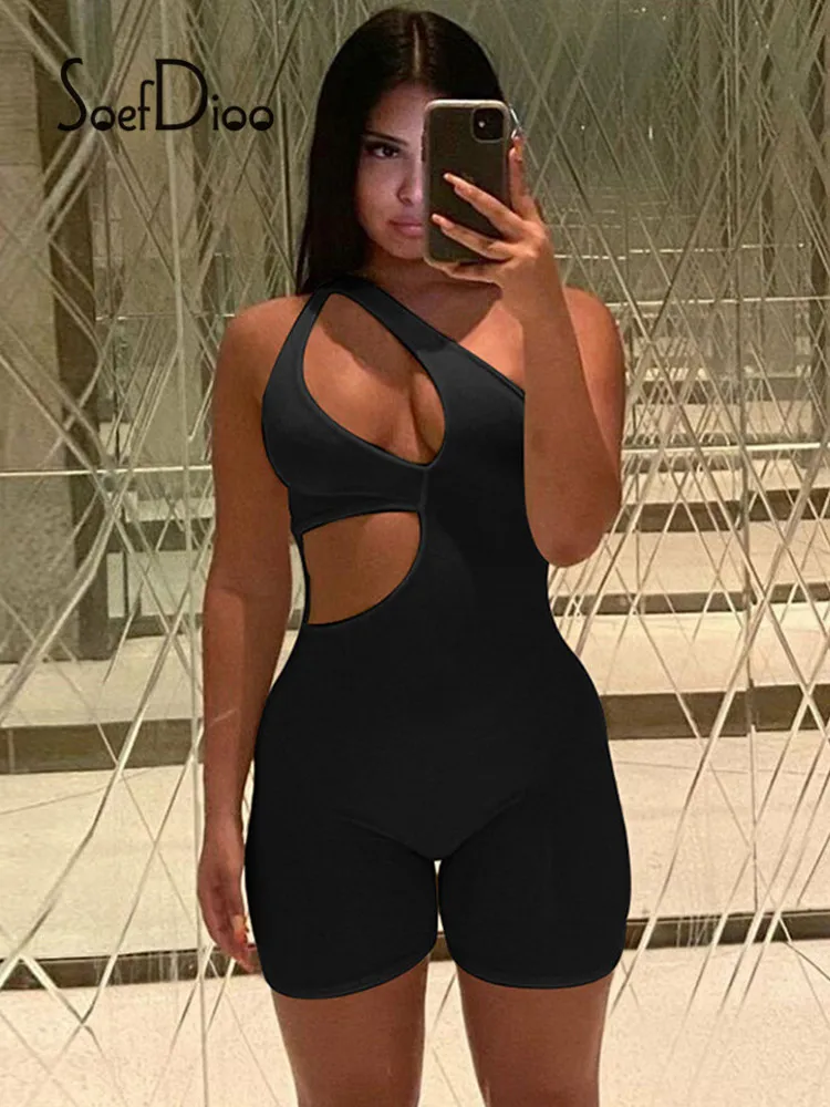 

Soefdioo Solid One Shoulder Sleeveless Hollow Out Slim Playsuits Women Backless One Piece Outfit Fall 2021 High Street Rompers