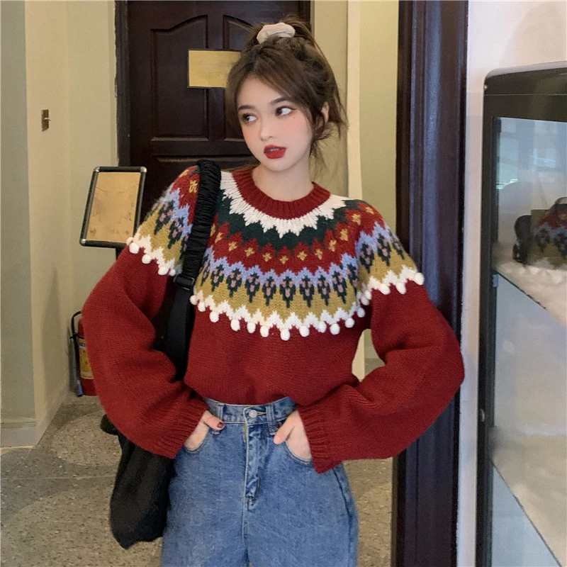 

Красный Рождественский свитер для женщин, вязаный пуловер с пушистой помпоной, теплый повседневный винтажный джемпер с круглым вырезом и д...