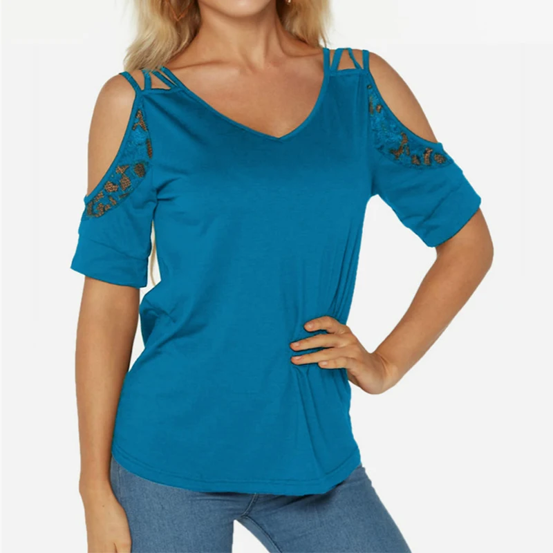 Off The Shoulder T Shirt 2020 Summer New Chic Simple Solid Color V-Neck Lace Short Sleeve Plus Size Casual Tee Clothes Y2k Top