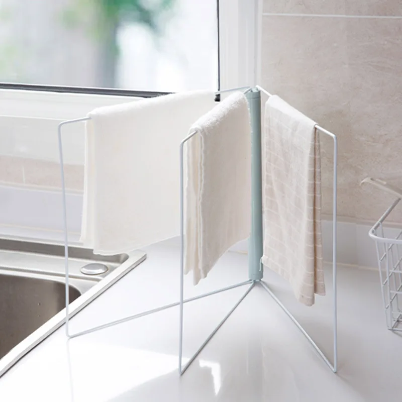 Folding Rag Rack Kitchen Towel Cloth Shelf Stand Bathroom Free Punching Tabletop Drying Space Saver |