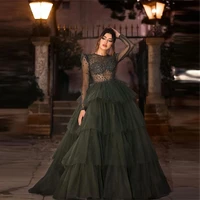 sexy tulle prom dresses 2021 long illusion sleeves beaded special occasion formal evening party dress vestidos ev72