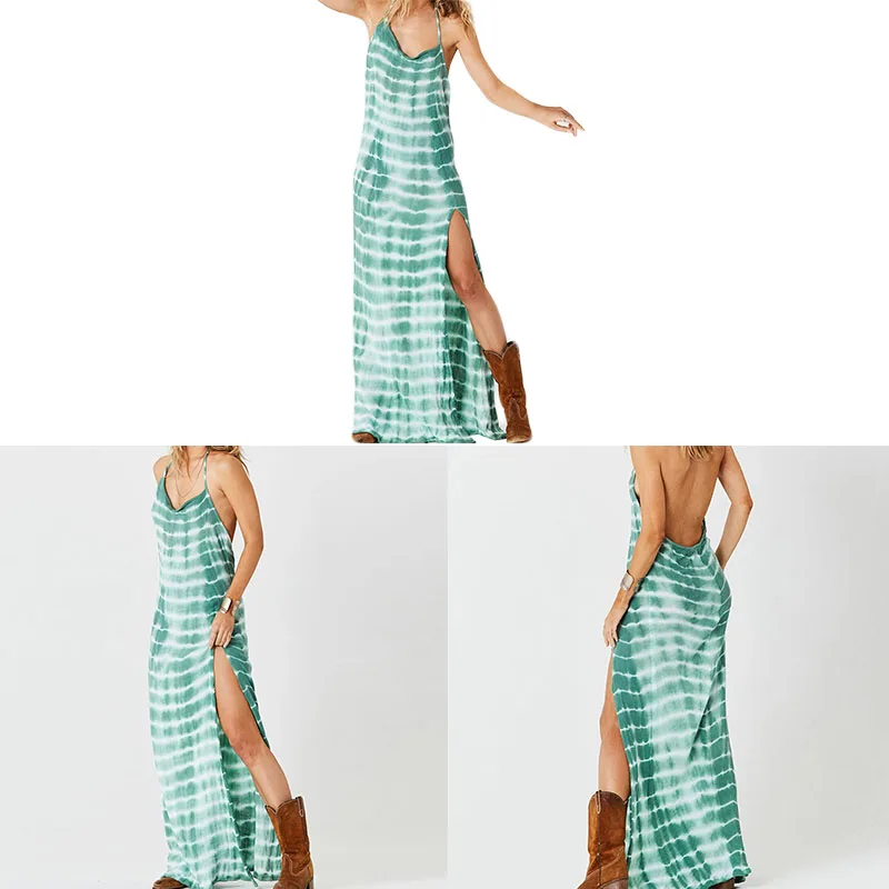 

Casual Women Robe Sexy Maxi Dress Summer Sleeveless V-Neck Striped Loose Dress Big Swing Backless Women Clothing